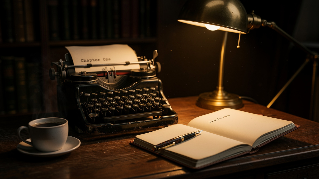 Vintage wooden writing desk with typewriter, notebook and coffee cup under warm lamp light