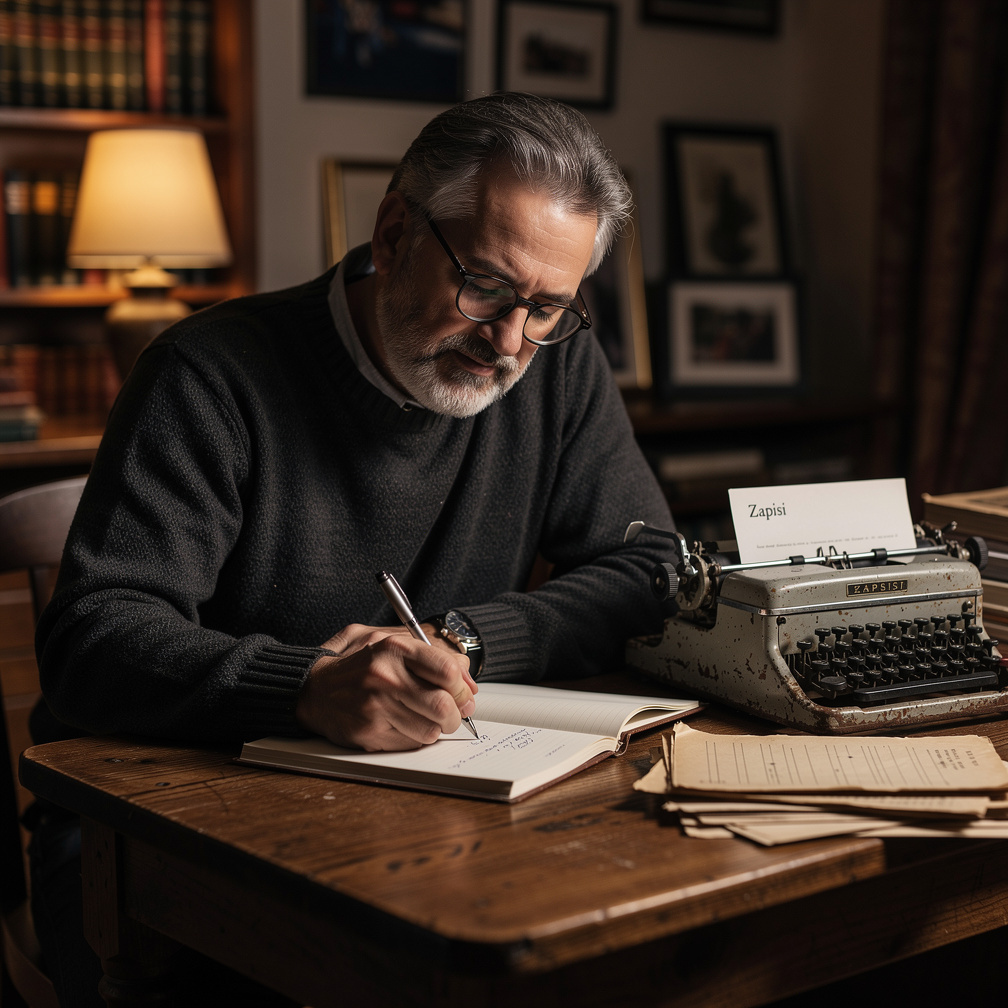 Croatian mystery author in his fifties writing by hand at a wooden desk with a typewriter nearby