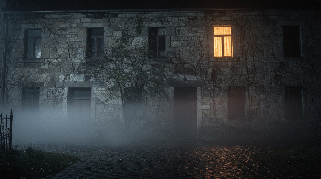 Old European stone house facade at night with one lit window and fog