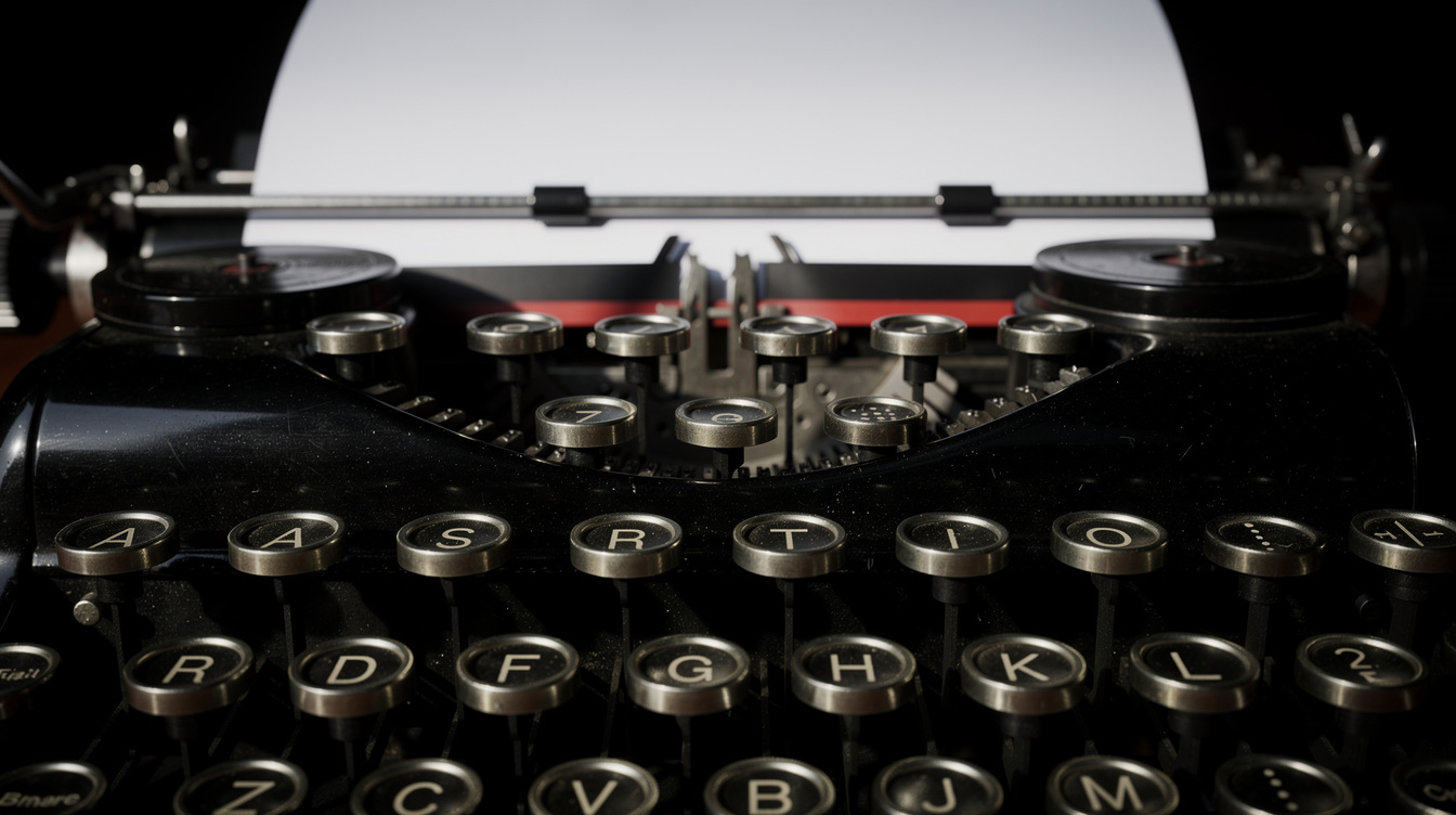 Close-up of vintage black typewriter keys with a blank page loaded
