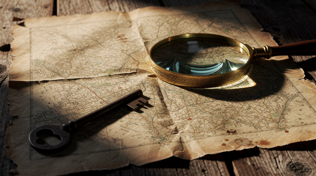 Old paper map with a vintage brass magnifying glass and key resting on top