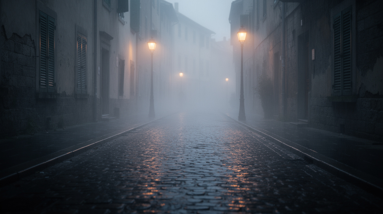 Foggy cobblestone alley in an old European town at dusk with glowing streetlamps