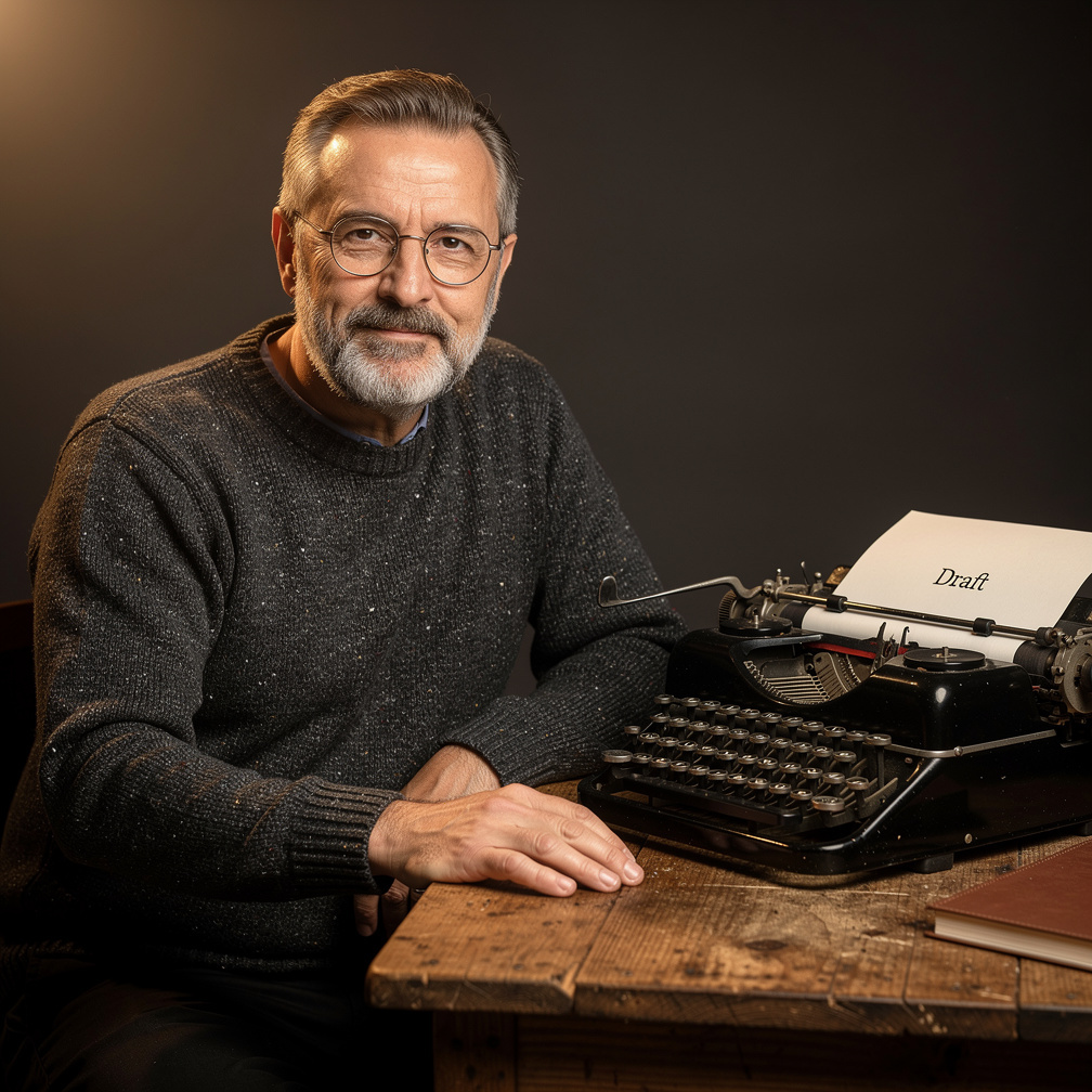 Studio portrait of a Croatian mystery author in his fifties with grey beard and glasses