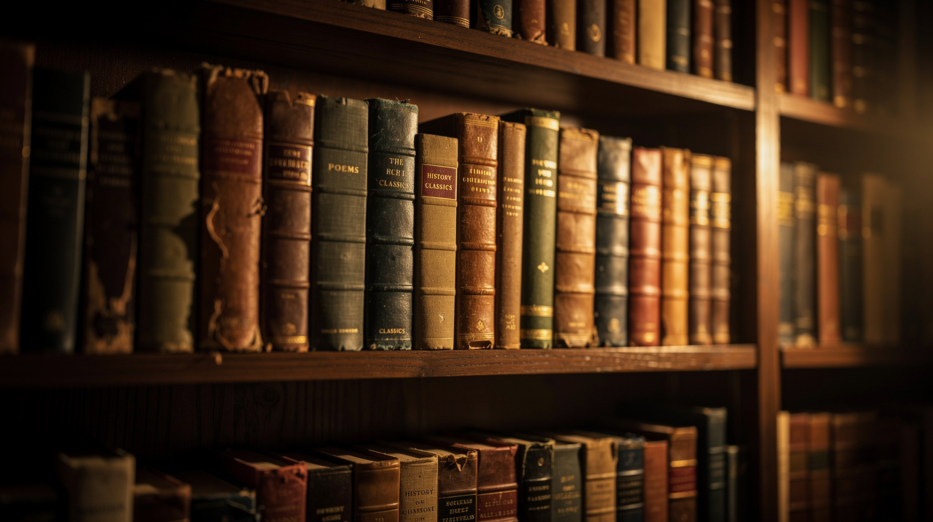Tall wooden bookshelf filled with old hardcover books in warm library light
